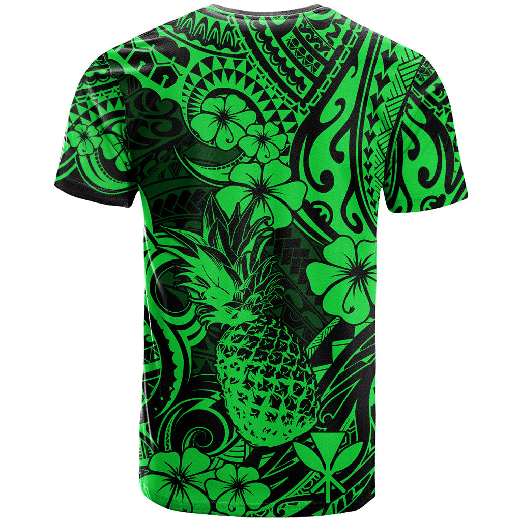 Hawaii Pineapple T-Shirt Paradise Flowers Pacific With Green Polynesian Tribal Graphic Tee