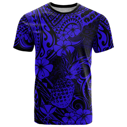 Hawaii Pineapple T-Shirt Paradise Flowers Pacific With Navy Blue Polynesian Tribal Graphic Tee