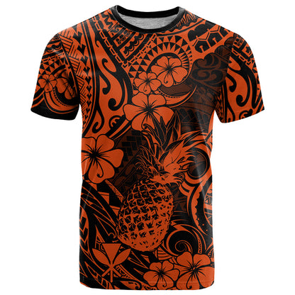 Hawaii Pineapple T-Shirt Paradise Flowers Pacific With Orange Polynesian Tribal Graphic Tee