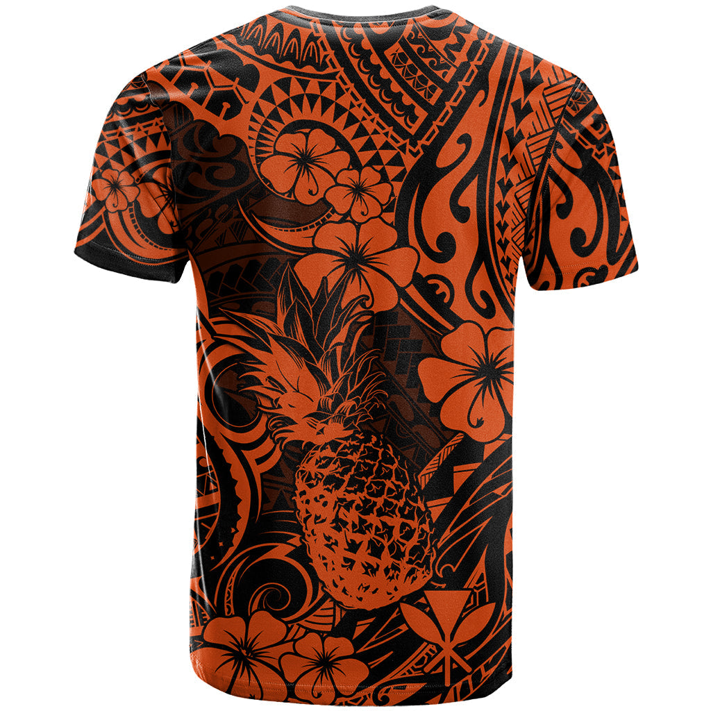 Hawaii Pineapple T-Shirt Paradise Flowers Pacific With Orange Polynesian Tribal Graphic Tee