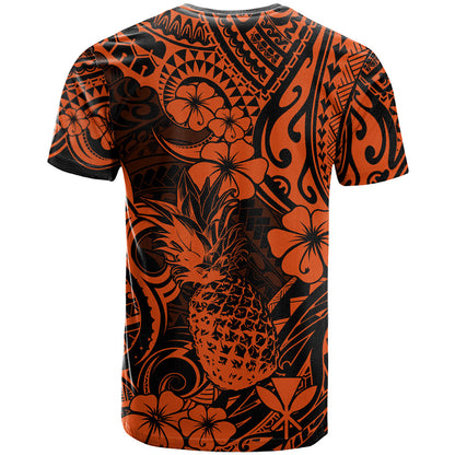 Hawaii Pineapple T-Shirt Paradise Flowers Pacific With Orange Polynesian Tribal Graphic Tee