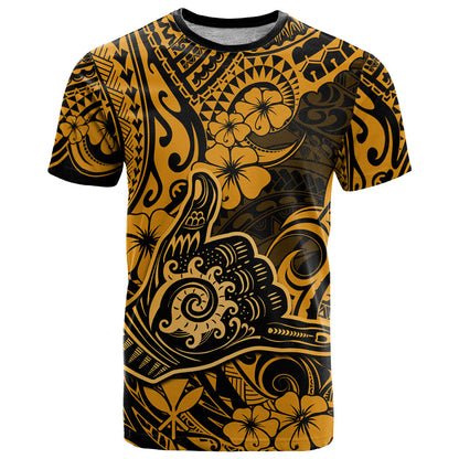 Hawaii Shaka Sign T-Shirt With Polynesian Hibiscus Gold Unique Graphic Tee