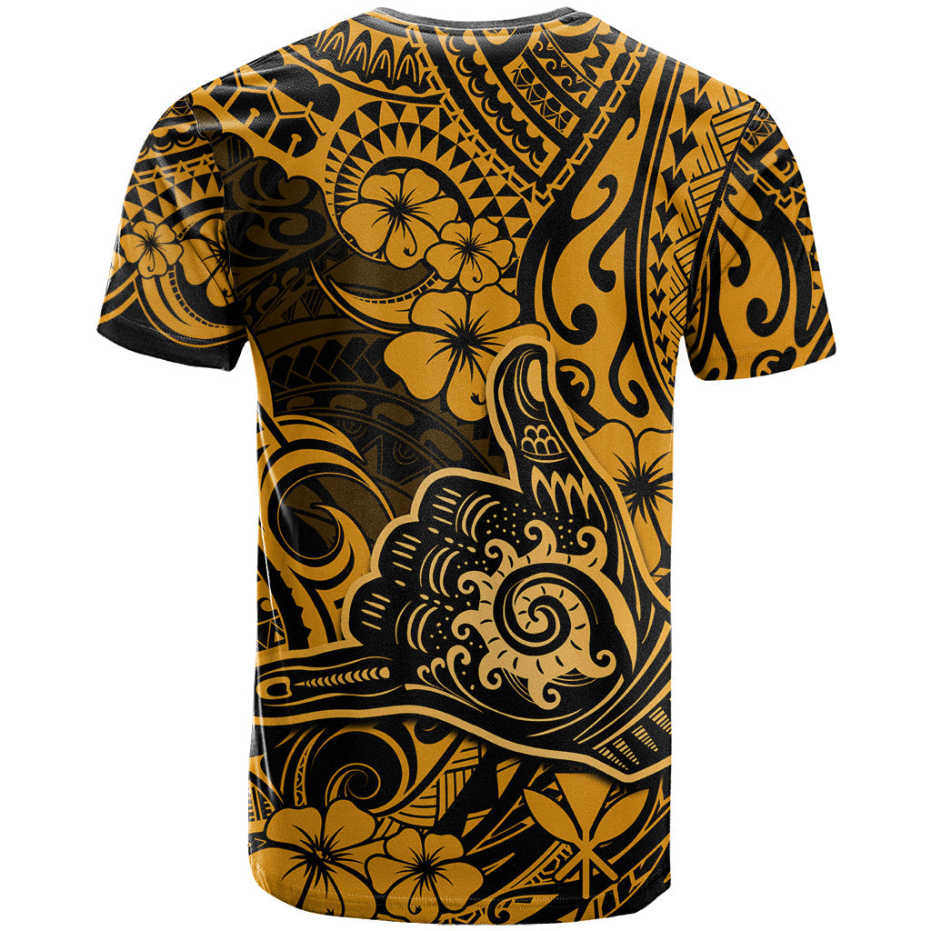 Hawaii Shaka Sign T-Shirt With Polynesian Hibiscus Gold Unique Graphic Tee