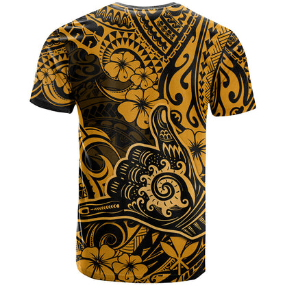 Hawaii Shaka Sign T-Shirt With Polynesian Hibiscus Gold Unique Graphic Tee