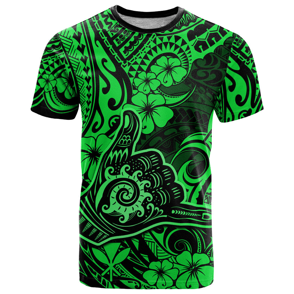 Hawaii Shaka Sign T-Shirt With Polynesian Hibiscus Green Unique Graphic Tee