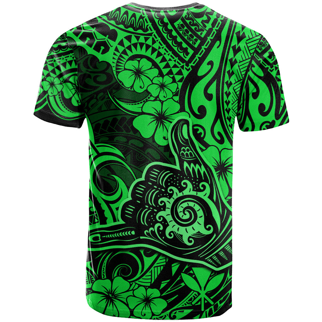 Hawaii Shaka Sign T-Shirt With Polynesian Hibiscus Green Unique Graphic Tee