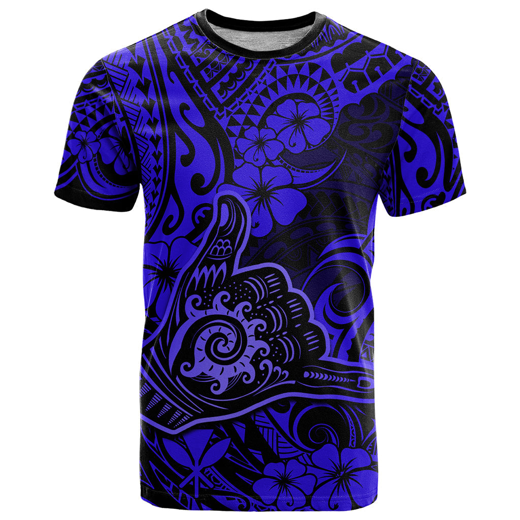 Hawaii Shaka Sign T-Shirt With Polynesian Hibiscus Navy Blue Unique Graphic Tee