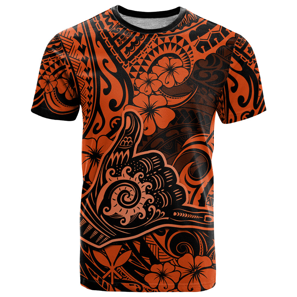 Hawaii Shaka Sign T-Shirt With Polynesian Hibiscus Orange Unique Graphic Tee
