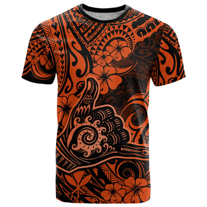 Hawaii Shaka Sign T-Shirt With Polynesian Hibiscus Orange Unique Graphic Tee