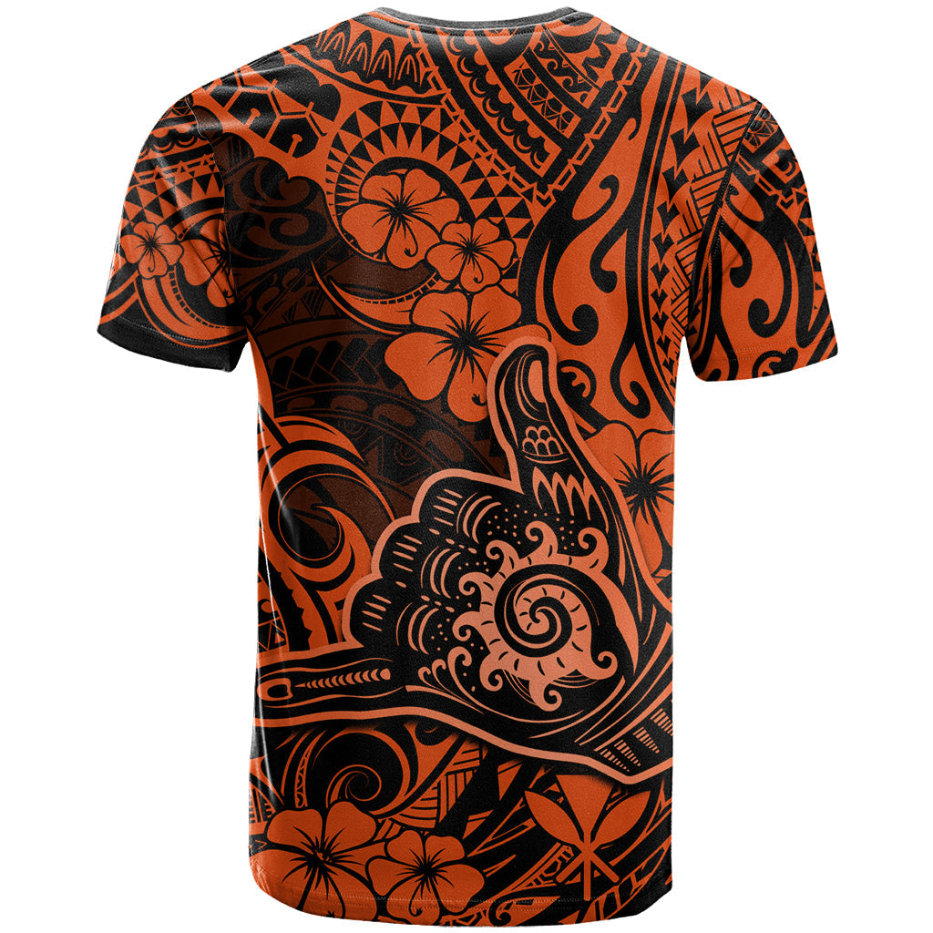 Hawaii Shaka Sign T-Shirt With Polynesian Hibiscus Orange Unique Graphic Tee