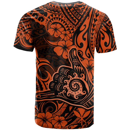 Hawaii Shaka Sign T-Shirt With Polynesian Hibiscus Orange Unique Graphic Tee