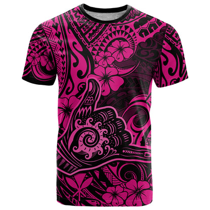 Hawaii Shaka Sign T-Shirt With Polynesian Hibiscus Pink Unique Graphic Tee