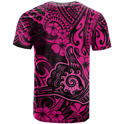Hawaii Shaka Sign T-Shirt With Polynesian Hibiscus Pink Unique Graphic Tee