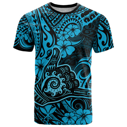 Hawaii Shaka Sign T-Shirt Polynesian Pattern Sky Blue Version Graphic Tee