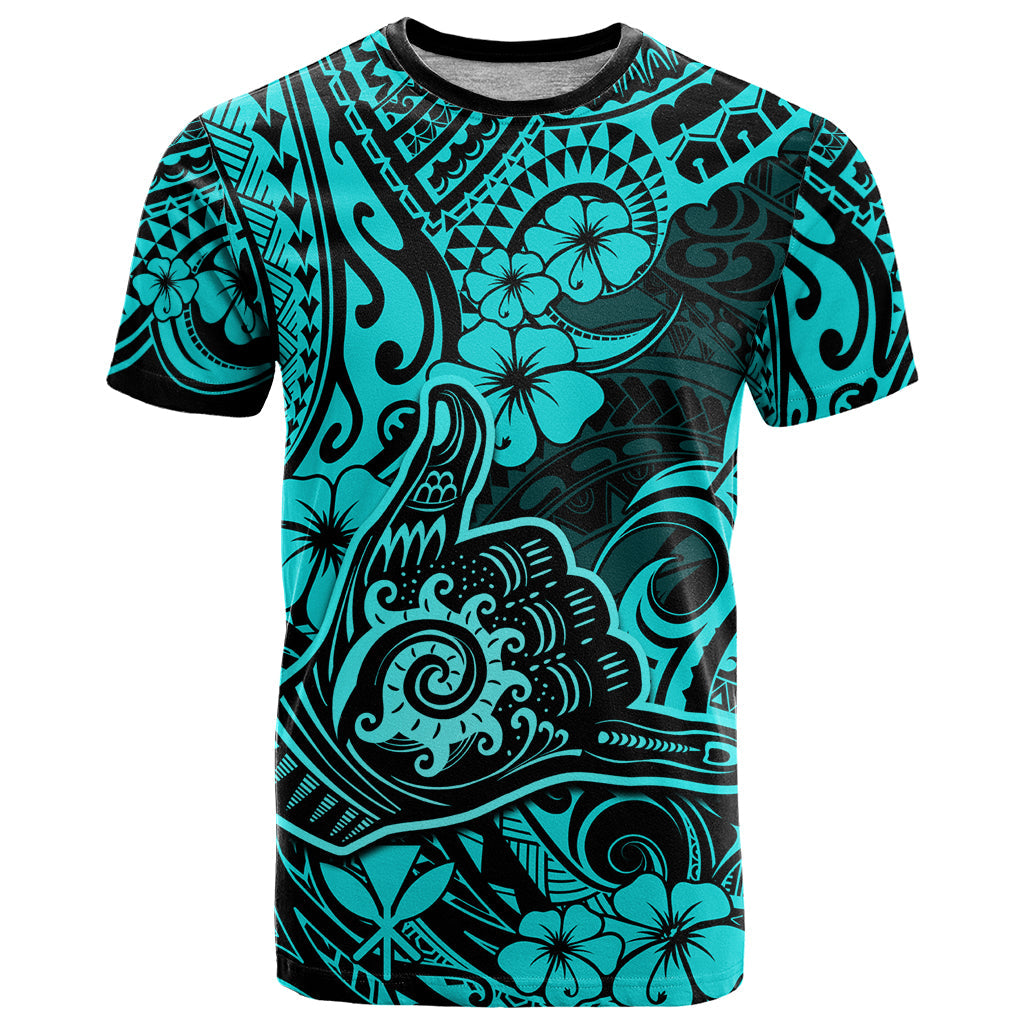 Hawaii Shaka Sign T-Shirt Polynesian Pattern Turquoise Version Graphic Tee