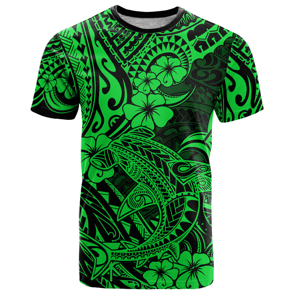 Hawaii Shark T-Shirt Polynesian Pattern Green Version Graphic Tee