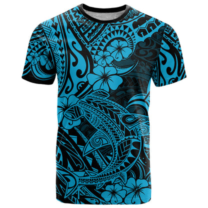 Hawaii Shark T-Shirt Polynesian Pattern Sky Blue Version Graphic Tee