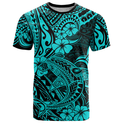 Hawaii Shark T-Shirt Polynesian Pattern Turquoise Version Graphic Tee