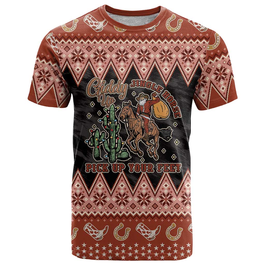Howdy Christmas Cowboy Santa T-Shirt Giddy Up Jingle Horse Pick Up Your Feet Graphic Tee