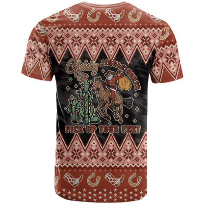 Howdy Christmas Cowboy Santa T-Shirt Giddy Up Jingle Horse Pick Up Your Feet Graphic Tee