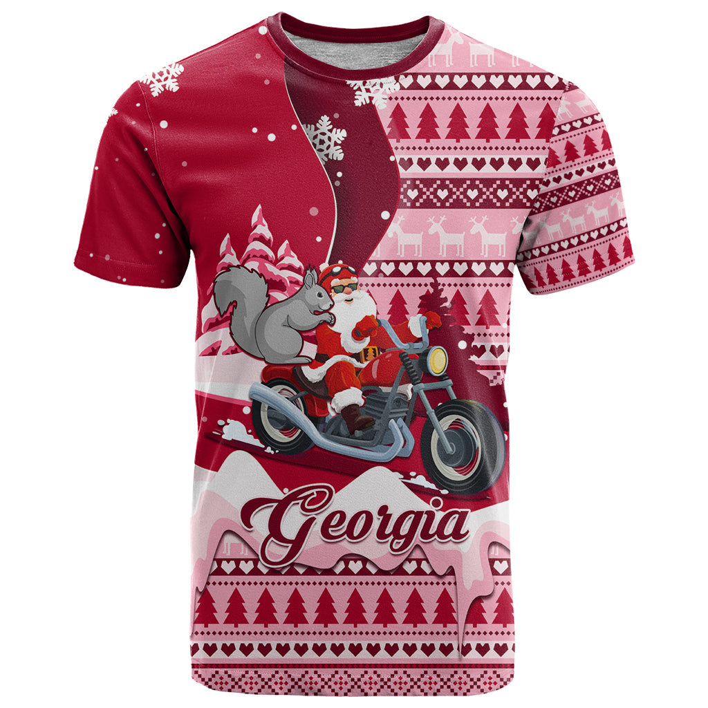 Georgia Christmas T-Shirt Santa Claus Riding Motorcycle With Gray Squirrel Graphic Tee