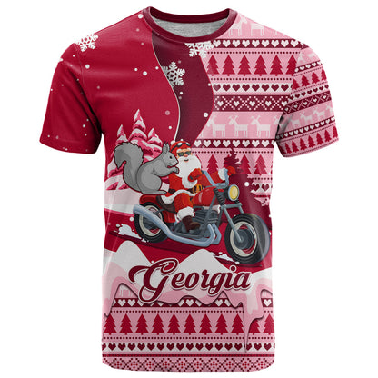 Georgia Christmas T-Shirt Santa Claus Riding Motorcycle With Gray Squirrel Graphic Tee