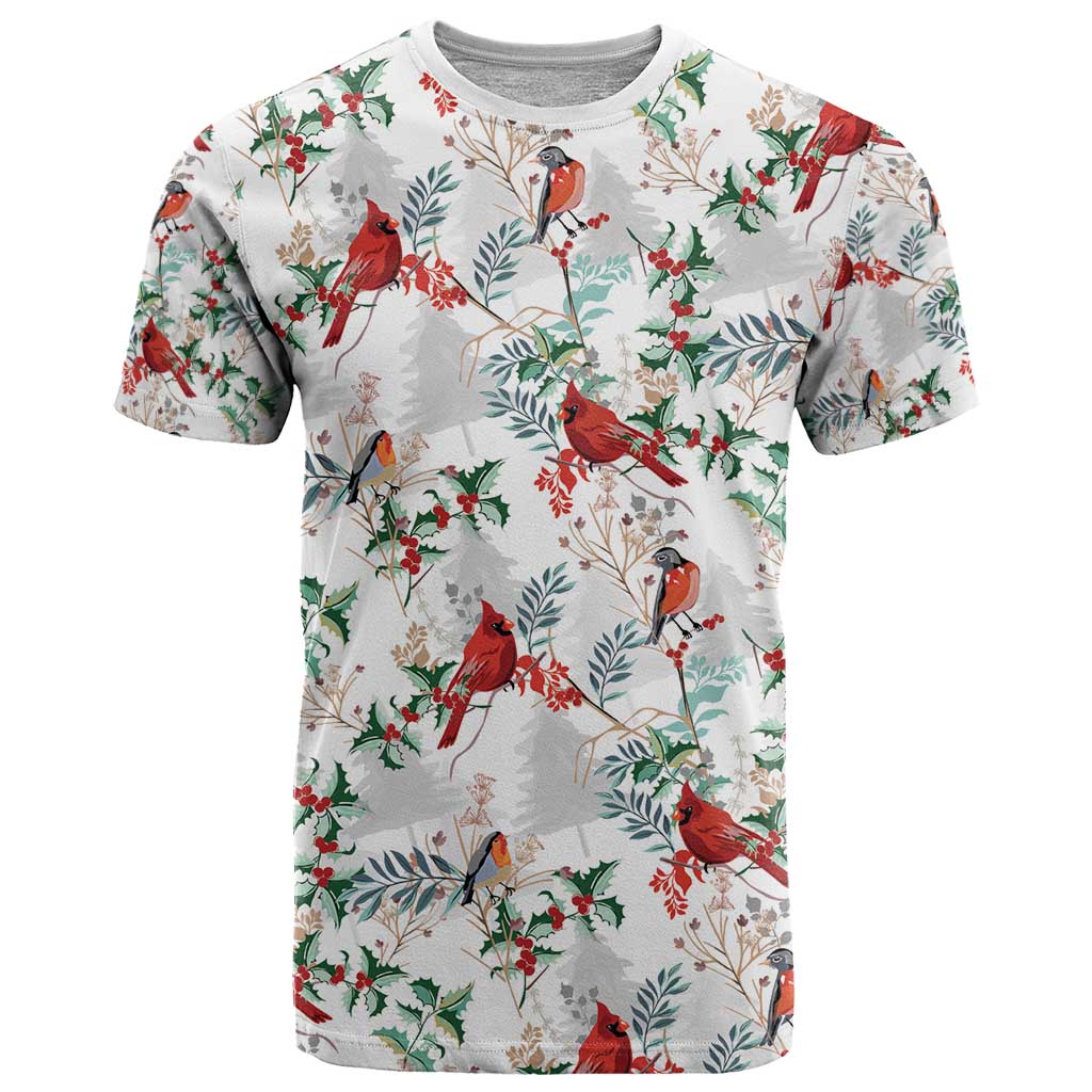 Cardinal Christmas White T-Shirt Xmas Pattern Graphic Tee