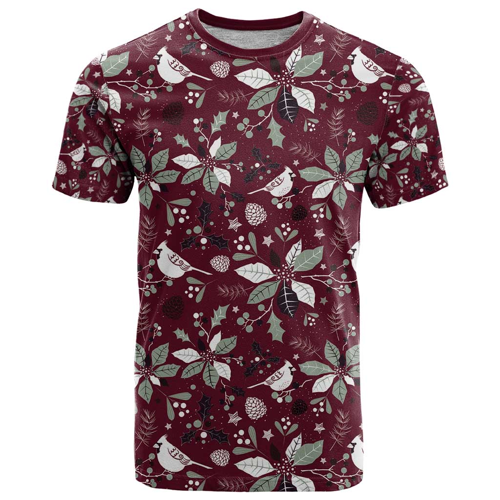 Cardinal Christmas Wine Red T-Shirt Xmas Pattern Graphic Tee