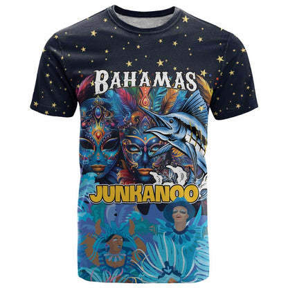Personalized Bahamas Junkanoo T-Shirt Bahamian Mask Blue Marlin Graphic Tee