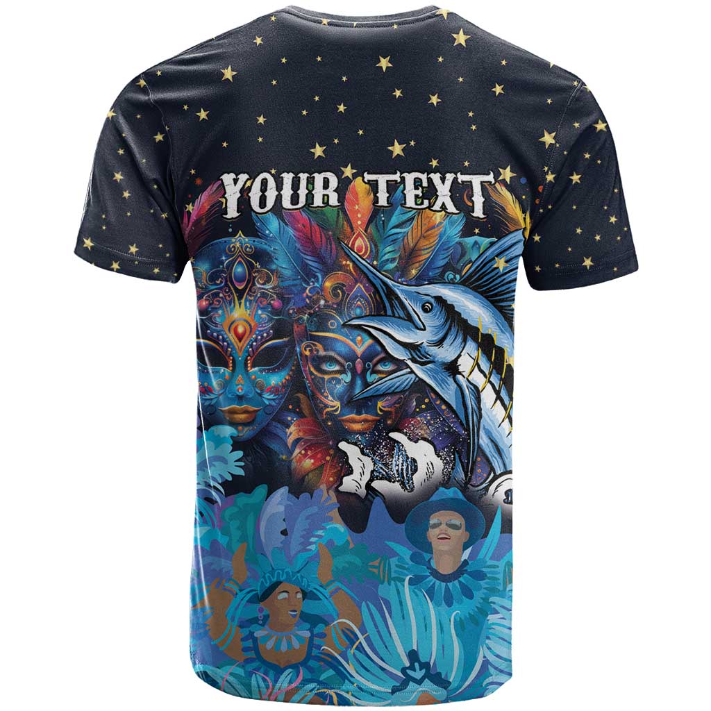Personalized Bahamas Junkanoo T-Shirt Bahamian Mask Blue Marlin Graphic Tee