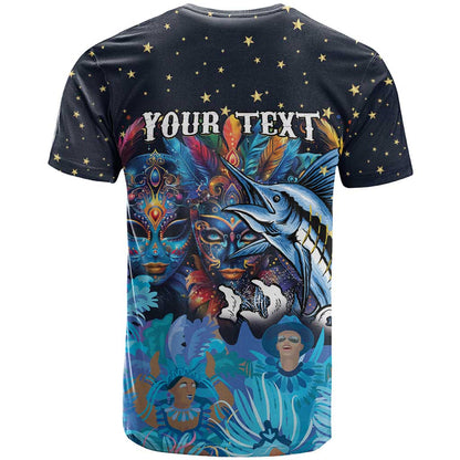 Personalized Bahamas Junkanoo T-Shirt Bahamian Mask Blue Marlin Graphic Tee