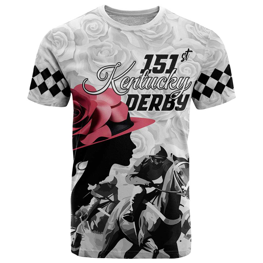 Kentucky Horse Racing Happy 151st Anniversary T-Shirt Silhouette Girl Derby Hat With Rose Graphic Tee