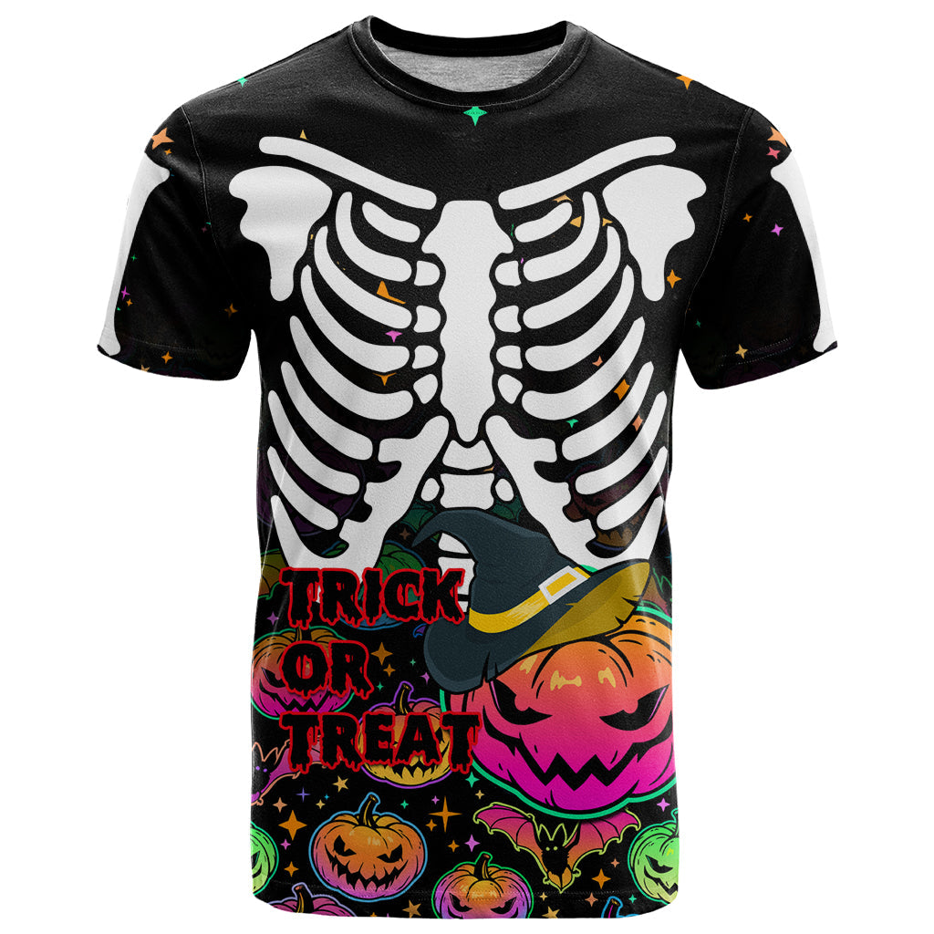 Halloween Skeleton T-Shirt Trick or Treat Witch Pumpkin Colorful Graphic Tee