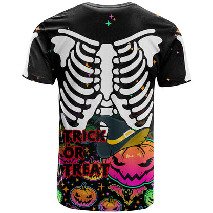 Halloween Skeleton T-Shirt Trick or Treat Witch Pumpkin Colorful Graphic Tee