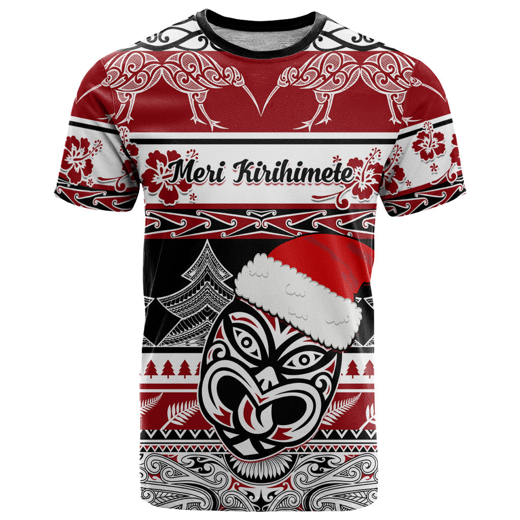 Custom New Zealand Christmas T-Shirt Maori Meri Kirihimete Moko Graphic Tee