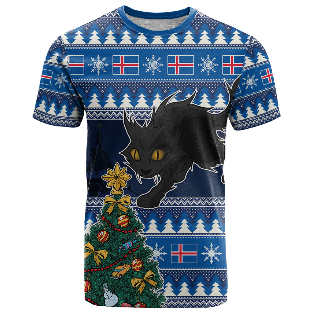 Custom Iceland Christmas T-Shirt Yule Cat With Xmas Tree Graphic Tee