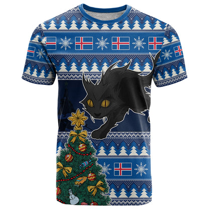 Custom Iceland Christmas T-Shirt Yule Cat With Xmas Tree Graphic Tee