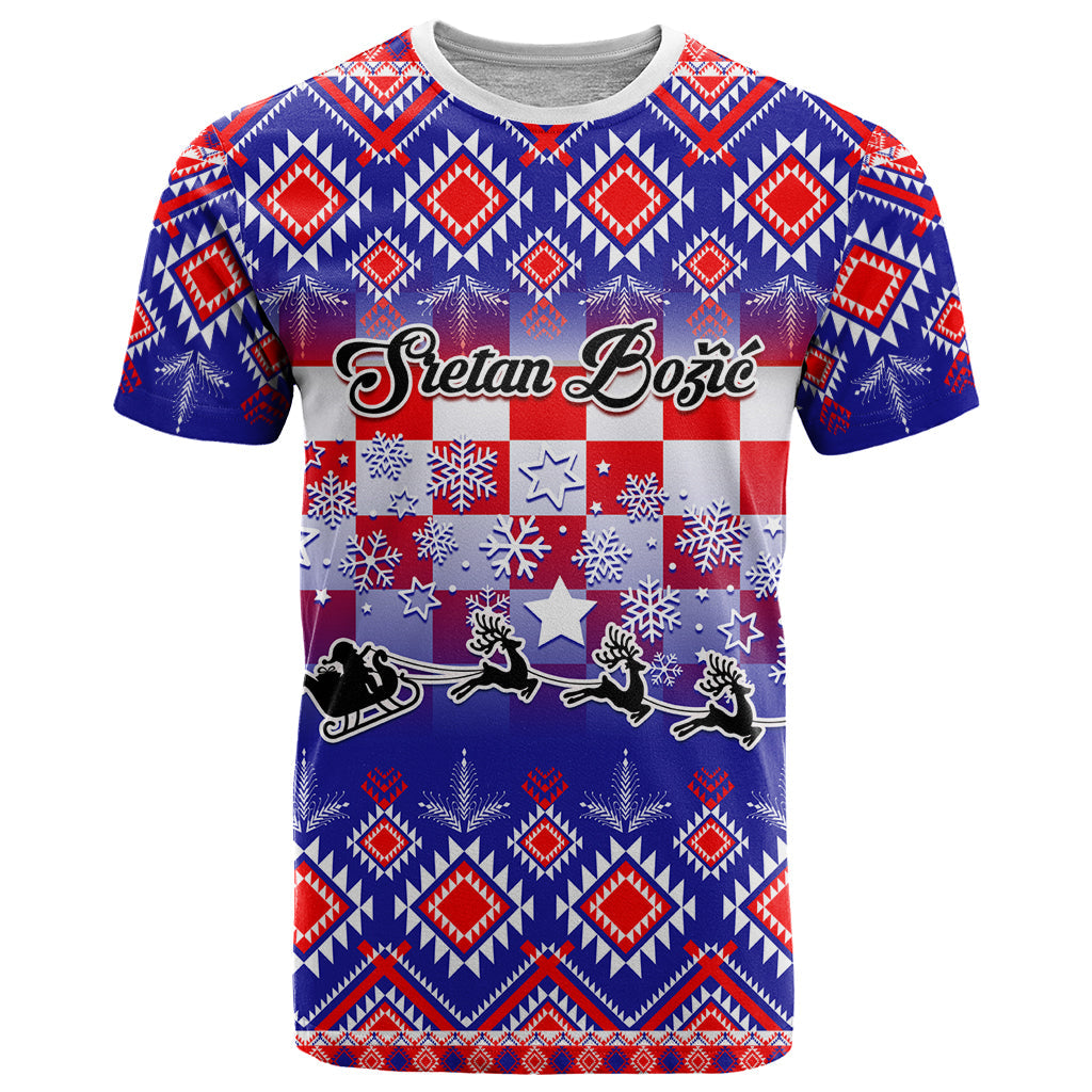 Custom Croatia Christmas T-Shirt Sretan Bozic Croatian Embroidery Patterns Graphic Tee
