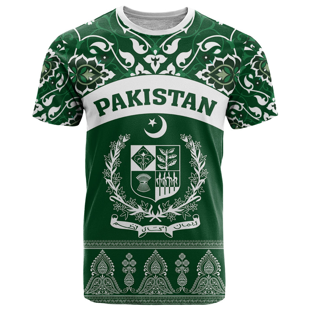Pakistan Day T-Shirt Coat Of Arms Mix Islamic Pattern Graphic Tee