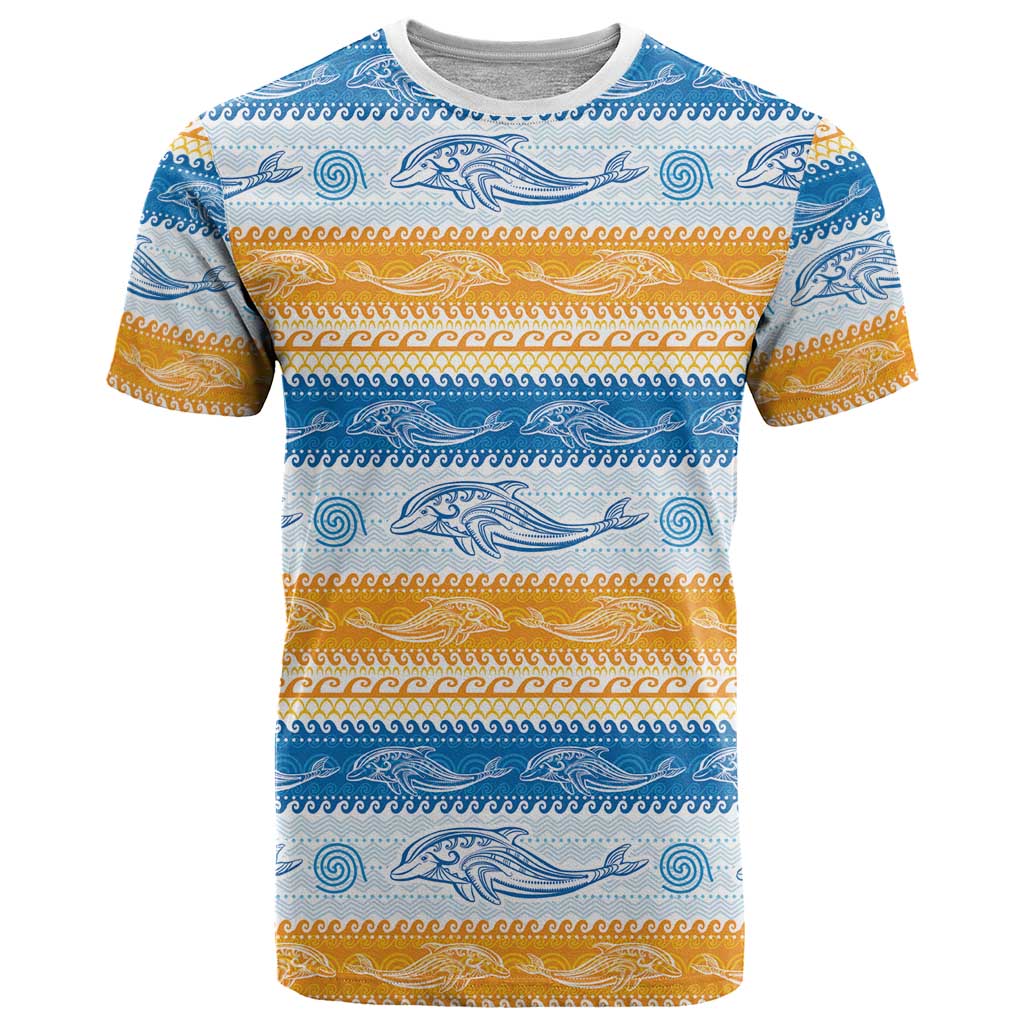 Anguilla Dolphins Pattern T-Shirt Orange And Blue Graphic Tee