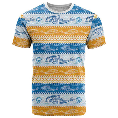 Anguilla Dolphins Pattern T-Shirt Orange And Blue Graphic Tee