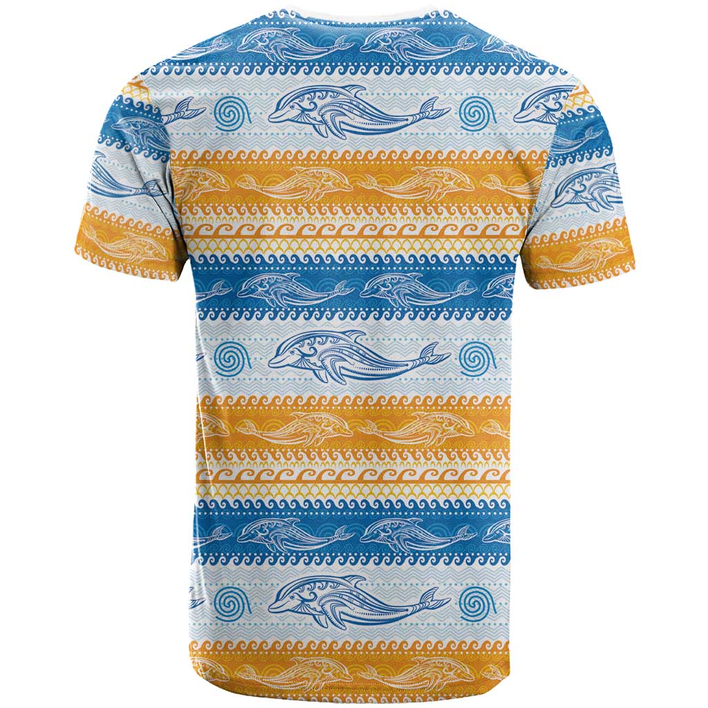 Anguilla Dolphins Pattern T-Shirt Orange And Blue Graphic Tee