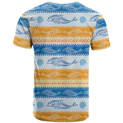Anguilla Dolphins Pattern T-Shirt Orange And Blue Graphic Tee