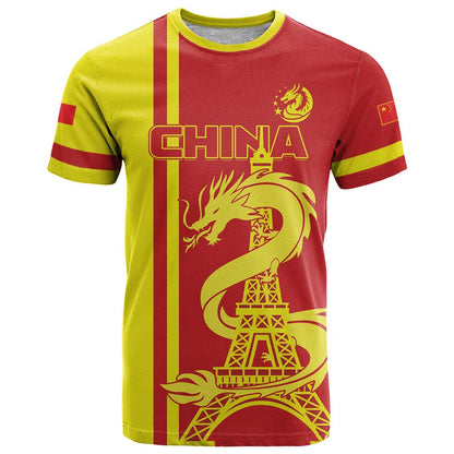Custom China T-Shirt Chinese Dragon With Eiffel Tower Graphic Tee
