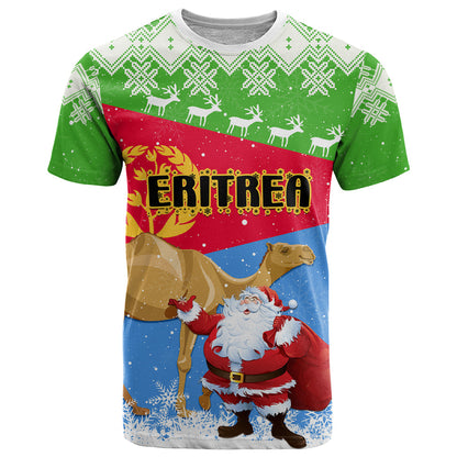 Custom Eritrea Christmas T-Shirt Santa Claus With Dromedary Camel Graphic Tee