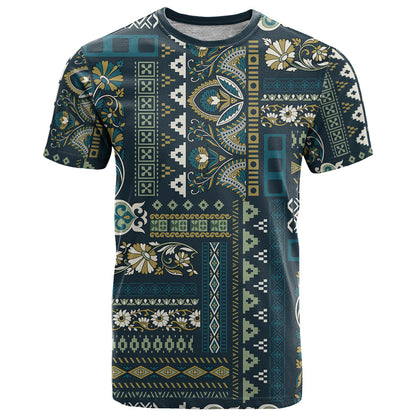 Persian Patchwork Pattern T-Shirt Unique Blue Graphic Tee