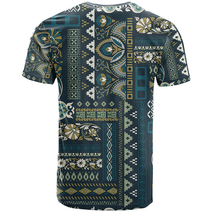 Persian Patchwork Pattern T-Shirt Unique Blue Graphic Tee