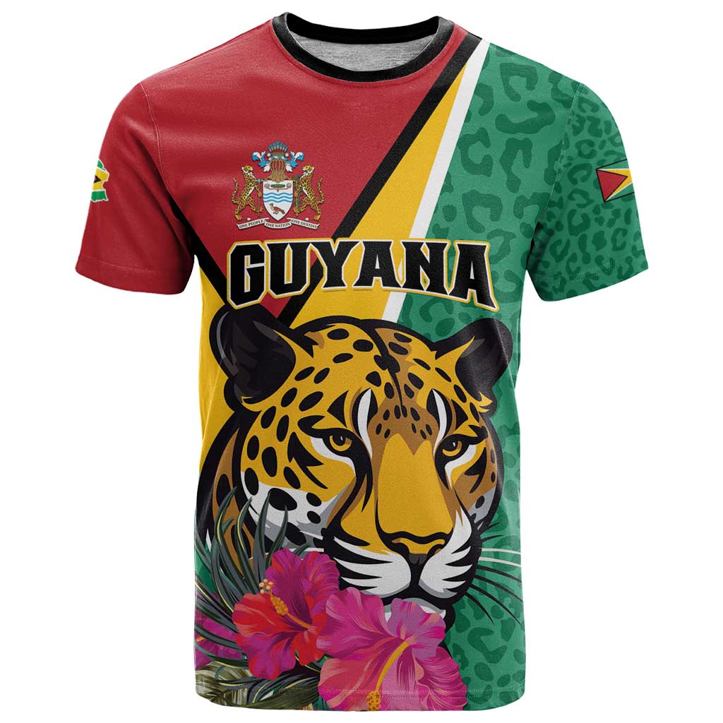 Personalized Guyana T-Shirt Jaguar Tropical Flowers Graphic Tee