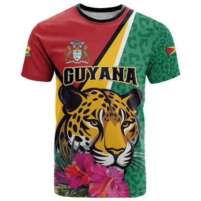 Personalized Guyana T-Shirt Jaguar Tropical Flowers Graphic Tee