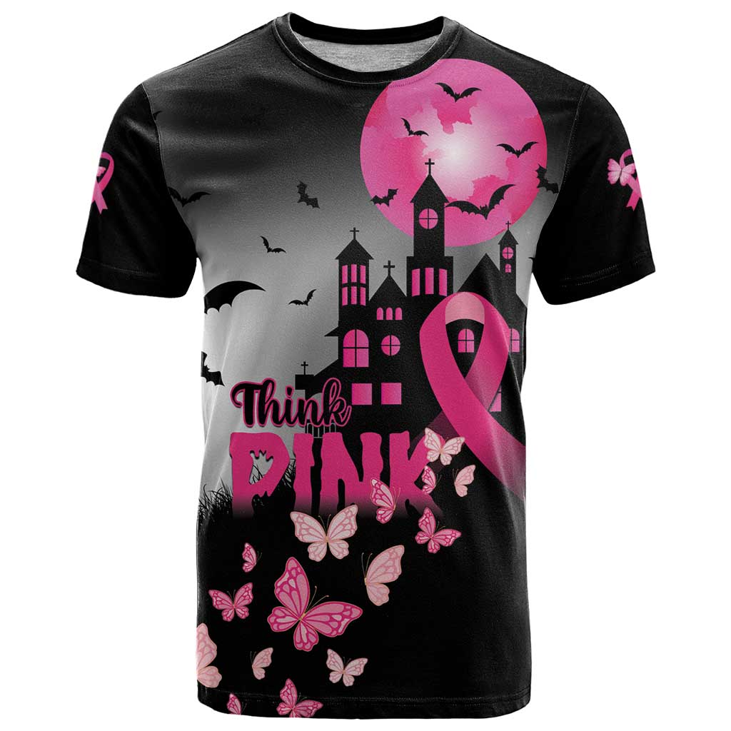 Personalized At Halloween We Think Pink T-Shirt Pink Ribbon Butterflies Graphic Tee